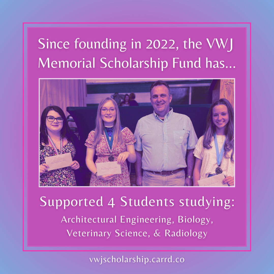 Three scholarship awardees stand with Mr. Greg Whitehead- Vickie's brother- as he presents their awards at Hampton's Senior Night in 2023.